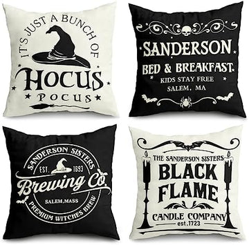 Halloween Decorations Pillow Covers 18x18 Set of 4 Halloween Decor Hocus Pocus Farmhouse Saying White Black Outdoor/Indoor Fall Pillow Covers Decorative Cushion Cases for Home Sofa Couch Bed Chair