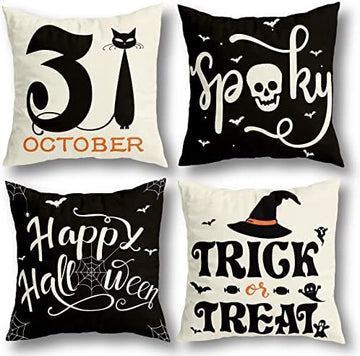 RioGree Halloween Decorations Pillow Covers 18x18 Set of 4 for Halloween Decor Indoor Outdoor, Party Supplies Farmhouse Home Decor Throw Pillows Cover Spider Web Cat Skull Decorative Cushion Case