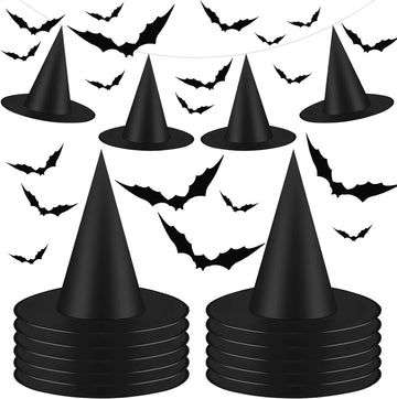 ELCOHO 12 Pieces Halloween Black Witch Hats Halloween Costume Witch Accessories Caps Fancy 32 Pieces Bats 3D Wall Decorations Stickers for Halloween Yard Party Favor