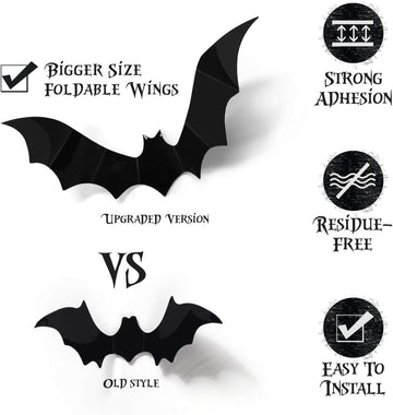 Coogam Halloween 3D Bats Decoration, 60PCS 4 Sizes Realistic PVC Scary Bats Window Decal Wall Stickers for DIY Home Bathroom Indoor Hallowmas Decoration Party Supplies