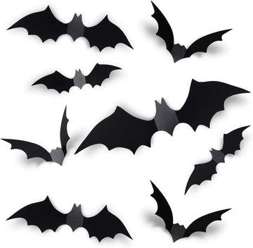 Coogam 60PCS Halloween Bats Decoration, 4 Different Sizes Realistic PVC Black 3D Scary Bat Sticker for Home Decor DIY Wall Decal Bathroom Indoor Hallowmas Party Supplies