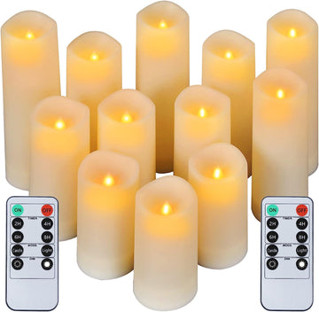 Flickering Flameless Candles with Remote, Battery Operated Timer LED Votive Candles, Outdoor Waterproof Pillar Ivory Candles Light for Christmas Halloween Decor - Set of 12