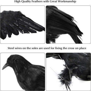 Halloween Crow Decorations 5 Pack, Realistic Handmade Black Feather Crows Prop Fly and Stand Crows Ravens for Outdoors and Indoors Halloween Decorations