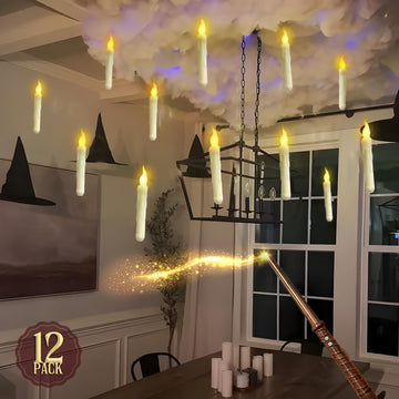 ORIENTAL CHERRY Halloween Decorations - Floating Candles with Wand - 12 Pcs Magic Flickering Warm Light Flameless Floating LED Candle Decor for Indoor Home Room Classroom Bedroom Party