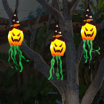 Halloween Decorations Outdoor Decor Hanging Lighted Glowing Ghost Witch Hat Halloween Decorations Indoor Outside Ornaments Clearance Halloween Party Lights String for Yard Tree Garden(3Pcs)