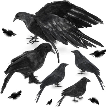 Halloween Crow Decorations 5 Pack, Realistic Handmade Black Feather Crows Prop Fly and Stand Crows Ravens for Outdoors and Indoors Halloween Decorations