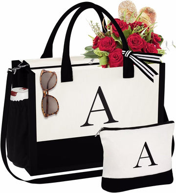 Gifts for Women - Initial Canvas Tote Bag & Makeup Bag with Adjustable Strap, Birthday Gifts for Women Her