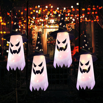 Halloween Decorations Outdoor Halloween Decor Hanging Outdoor String Lights Glowing Ghost Witch Hat Halloween Decorations Indoor Ornaments Halloween Lights for Home Tree Garden Yard (4Pcs)