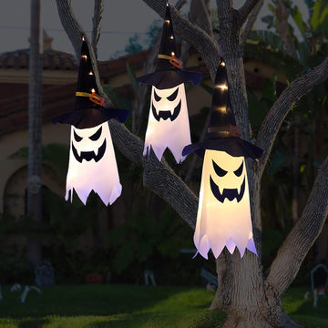 Halloween Decorations Outdoor Decor Hanging Lighted Glowing Ghost Witch Hat Halloween Decorations Indoor Outside Ornaments Clearance Halloween Party Lights String for Yard Tree Garden(3Pcs)