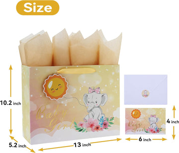 13” Large Light Yellow Cute Elephant Gift Bag Set with Greeting Card and Tissue Paper (3D Sun and Gold Foil ‘Baby Girl’) for Baby Girl, Baby Shower, Kids Birthday Party, Newborn, New Moms or Parents-13”x5.2”x10.2”, 1 Pcs.