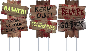 GABOSS Halloween Decorations Beware Signs Yard Stakes Outdoor Creepy Assorted Warning Sign,Scary Zombie Theme Party Decor Supplies,3 Pieces,16.5