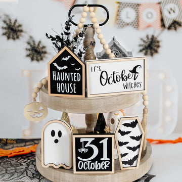 DAZONGE Halloween Decorations | 6PCS Halloween Tiered Tray Decor | Bat Coffin, Haunted House, Ghost, Witches Sign, October 31 Sign, Bead Garland | Spooky Halloween Decor for Table Home Party Decor