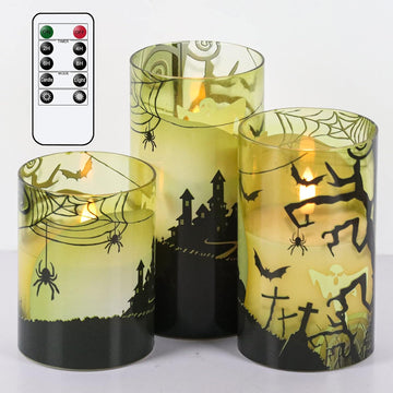 Eldnacele Halloween Flickering Candles with Skull, Spider Web, Crow Raven Decals Set of 3, Battery Operated Halloween Themed LED Candles Horror Spooky Decoration