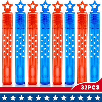 32Pcs 4th of July Mini Bubble Wands Patriotic Red White Blue Bubbles for Kids, Independence Day Party Favors Patriotic Decorations