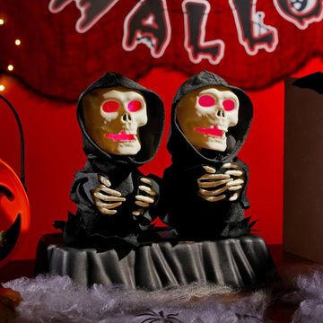 Skeleton Animated Halloween Decorations Indoor, Funny Halloween Decor with Music Base, Spooky Dancing Death Scary Halloween Party Decorations with Color Changes Eyes by WOTOYS, Skull Ghost with Hat