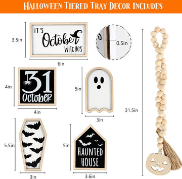 DAZONGE Halloween Decorations | 6PCS Halloween Tiered Tray Decor | Bat Coffin, Haunted House, Ghost, Witches Sign, October 31 Sign, Bead Garland | Spooky Halloween Decor for Table Home Party Decor