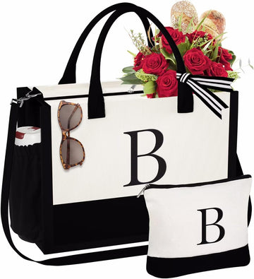 Gifts for Women - Initial Canvas Tote Bag & Makeup Bag with Adjustable Strap, Birthday Gifts for Women Her