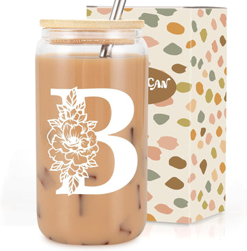 Coolife Initial Glass Cup, Monogrammed Gifts for Women, 16 oz Glass Cups w/Lids Straws, Iced Coffee, Smoothie, Beer Glass Tumbler w/Straw Lid - Personalized Mothers Day, Birthday Gifts for Her Mom