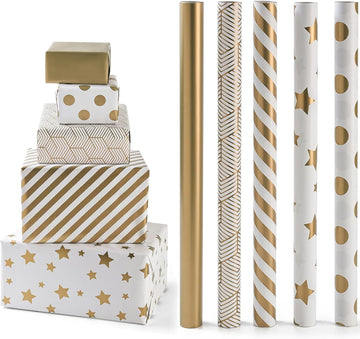 XKDOUS Birthday Wrapping Paper 5 Roll, Gold wrapping paper Mini Roll - 17 inch X 79 inch Per roll, gift wrapping paper for Birthday, Holiday, Party