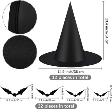 ELCOHO 12 Pieces Halloween Black Witch Hats Halloween Costume Witch Accessories Caps Fancy 32 Pieces Bats 3D Wall Decorations Stickers for Halloween Yard Party Favor