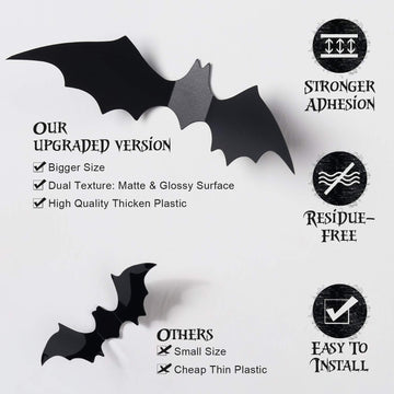 Coogam 60PCS Halloween Bats Decoration, 4 Different Sizes Realistic PVC Black 3D Scary Bat Sticker for Home Decor DIY Wall Decal Bathroom Indoor Hallowmas Party Supplies