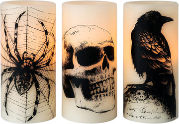 Eldnacele Halloween Flickering Candles with Skull, Spider Web, Crow Raven Decals Set of 3, Battery Operated Halloween Themed LED Candles Horror Spooky Decoration