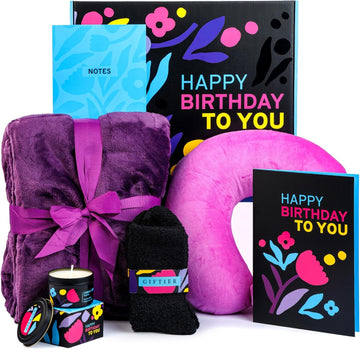 Birthday Gift Basket for Women - Happy Birthday Gift Basket For Her w/Memory Foam Pillow, Blanket, Candle, Socks, Journal, and Card - Curated Birthday Gift Set and Happy Birthday Gift Box for Women