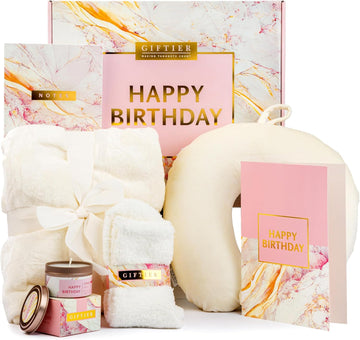 Birthday Gift Basket for Women - Happy Birthday Gift Basket For Her w/Memory Foam Pillow, Blanket, Candle, Socks, Journal, and Card - Curated Birthday Gift Set and Happy Birthday Gift Box for Women