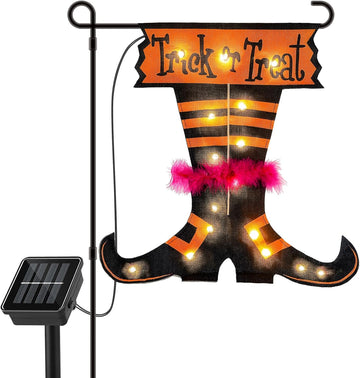 Halloween Trick Or Treat Graden Flag lights without flag pole, Double Sided Witch Feet Flag Banner 17.1*17.2Inch ,16 Warm White LED with 8modes Solar Panel, Decorations for Outdoor,Yard ,Home