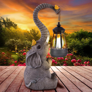 Solar Outdoor Garden Statues Lights, Elephant Figurines with Cute Birds Garden Sculpture Decor, Lucky Elephant Mother Gifts for Women, Men or Daughter, Unique Housewarming Gifts and Yard Decoration