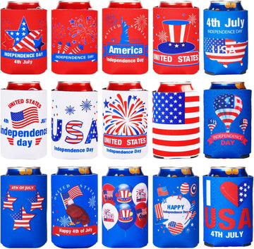 4th of July Decorations Red White Blue Decorations 16 PCs Can Cooler Sleeves for Independence Day Accessories, Collapsible Insulation Cover for Patriotic Party Supplies Memorial Day Decorations