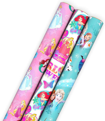 Hallmark Disney Princess and Frozen Wrapping Paper with Cutlines on Reverse (3 Rolls: 60 Square Feet Total) for Birthdays, Christmas, Valentine's Day