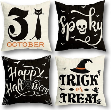 RioGree Halloween Decorations Pillow Covers 18x18 Set of 4 for Halloween Decor Indoor Outdoor, Party Supplies Farmhouse Home Decor Throw Pillows Cover Spider Web Cat Skull Decorative Cushion Case