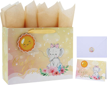 13” Large Light Yellow Cute Elephant Gift Bag Set with Greeting Card and Tissue Paper (3D Sun and Gold Foil ‘Baby Girl’) for Baby Girl, Baby Shower, Kids Birthday Party, Newborn, New Moms or Parents-13”x5.2”x10.2”, 1 Pcs.