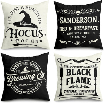 Halloween Decorations Pillow Covers 18x18 Set of 4 Halloween Decor Hocus Pocus Farmhouse Saying White Black Outdoor/Indoor Fall Pillow Covers Decorative Cushion Cases for Home Sofa Couch Bed Chair