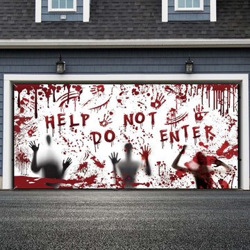 Halloween Garage Door Banner Decorations, Garage Door Cover with Grommets Halloween Decorations Bloodied Handprints Desperate Shadows Halloween Horror Decor Halloween Party Decorations, 6 x 13 ft