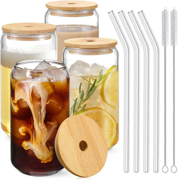 NETANY Drinking Glasses with Bamboo Lids and Glass Straw 4pcs Set - 16oz Can Shaped Glass Cups, Beer Glasses, Iced Coffee Glasses, Cute Tea Cup, Ideal for Cocktail, Whiskey, Gift - 2 Cleaning Brushes