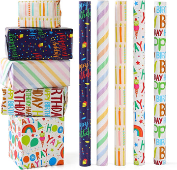 XKDOUS Birthday Wrapping Paper 5 Roll, Gold wrapping paper Mini Roll - 17 inch X 79 inch Per roll, gift wrapping paper for Birthday, Holiday, Party