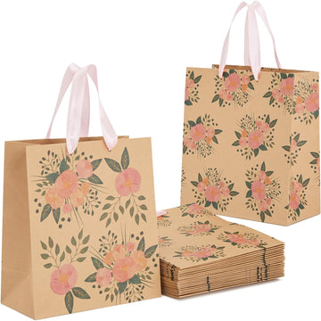 Juvale 24 Pack Reusable Kraft Paper Floral Gift Bags with Pink Ribbon Handles for Party Favors, Mothers Day, Weddings, Birthday Celebration, Baby Shower, 2 Designs (9 x 8 In)