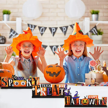 3 Pieces Halloween Table Decorations Pumpkin Table Centerpiece Boo Spooky Wood Sign Trick or Treat Witch Hat Table Decor for Halloween Table Party Living Room Kitchen Office Bar Decorations