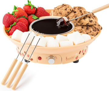 Electric Fondue Pot Set - Chocolate Fondue Kit - Temperature Control, Detachable Serving Trays, & 4 Roasting Forks - Gift Set & Date Night Idea. Serve at Movie Night or Game Night.