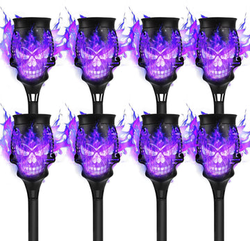 Spooky Skulls Solar Torch Lights - 8-Pack Flickering Flame Torches for Enchanting, Waterproof Outdoor Solar Powered Lighting, for Pathways, Garden, Yard, Halloween Decor, Black Purple-Lights