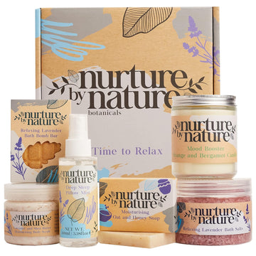 Nurture by Nature RELAX & CALM Spa Kit - Mothers Day Gift - Spa Gift Baskets For Women, Complete Bath Sets for Women Gift - Lavender Pillow Mist, Bath Salts, Bath Bomb - Self Care Gift Basket